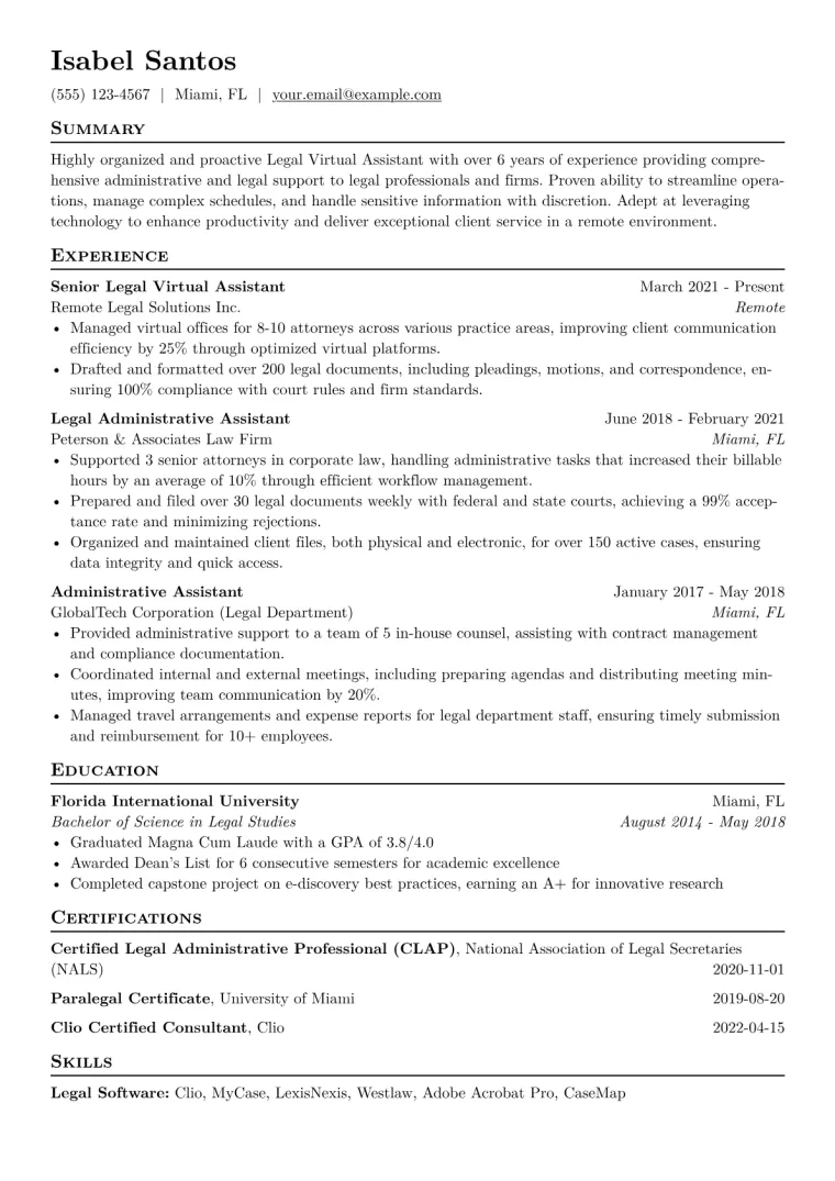 Legal Virtual Assistant Resume Example CV template preview