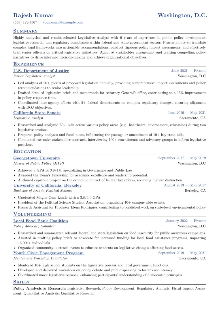 Legislative Analyst Resume Example CV template preview