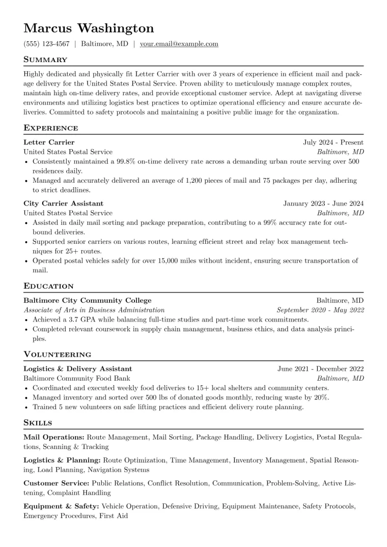 Letter Carrier Resume Example CV template preview
