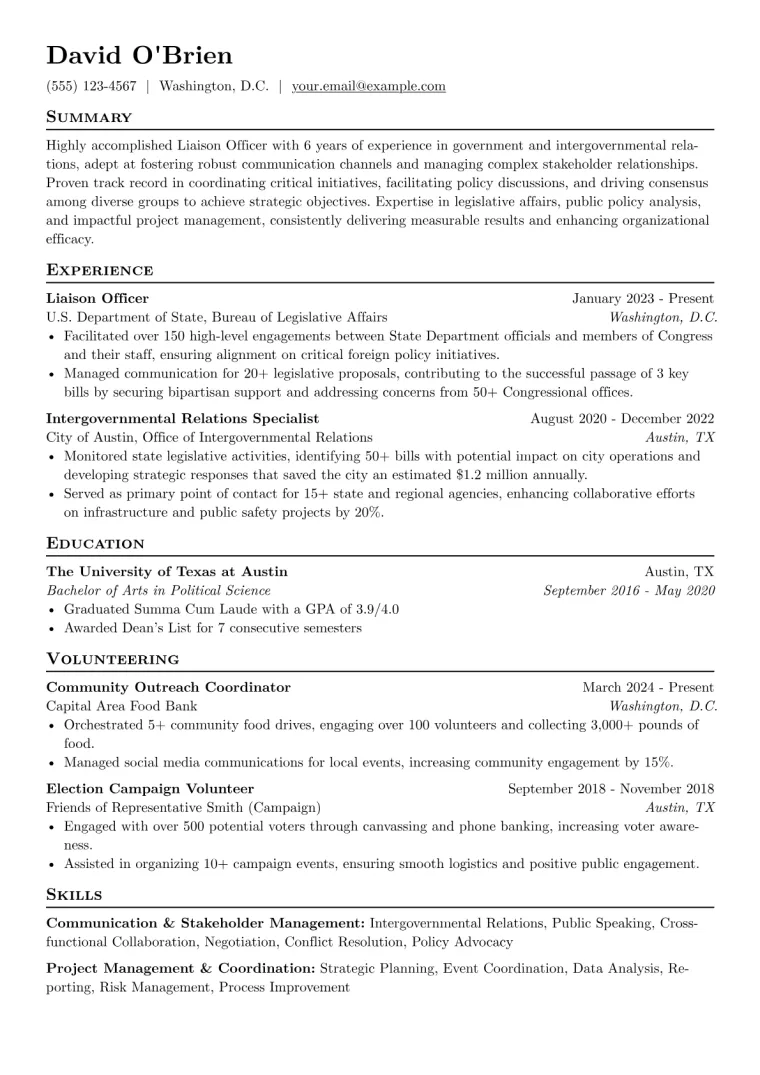 Liaison Officer Resume Example CV template preview