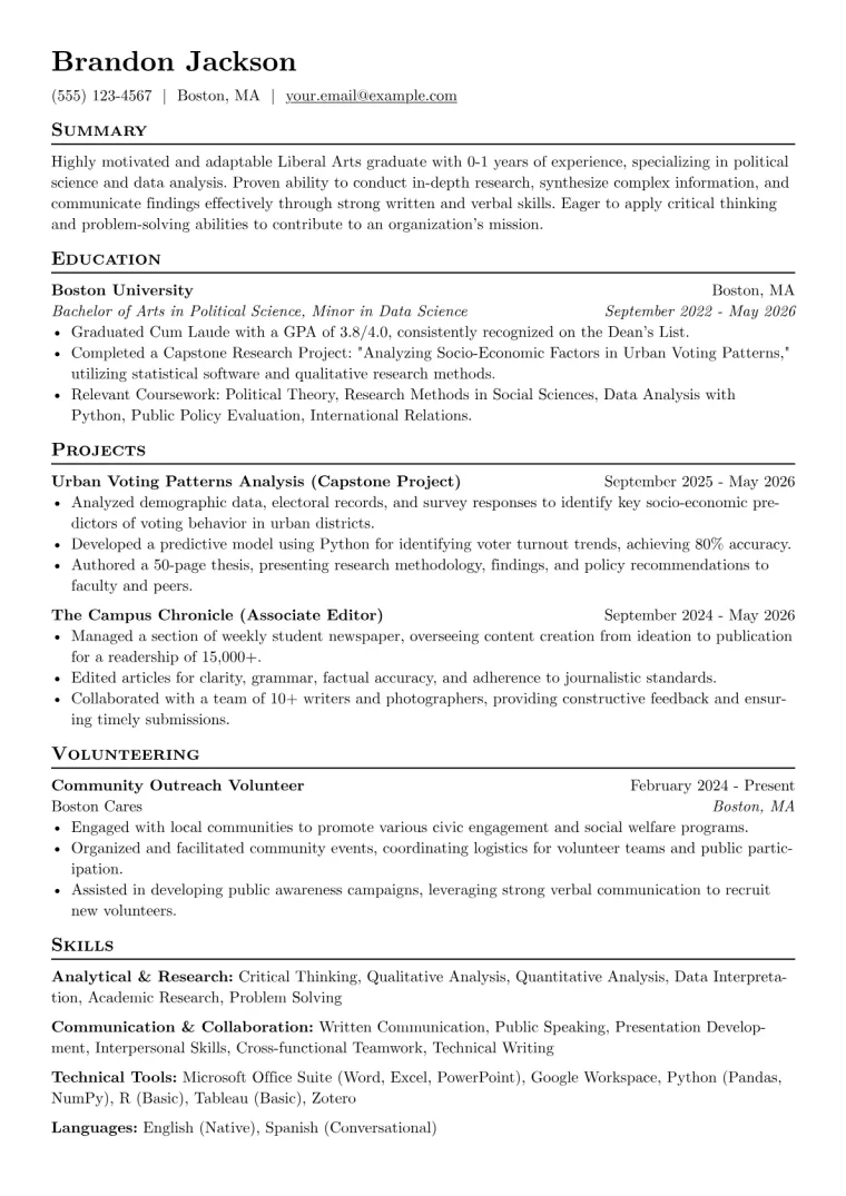 Liberal Arts Student Resume Example CV template preview