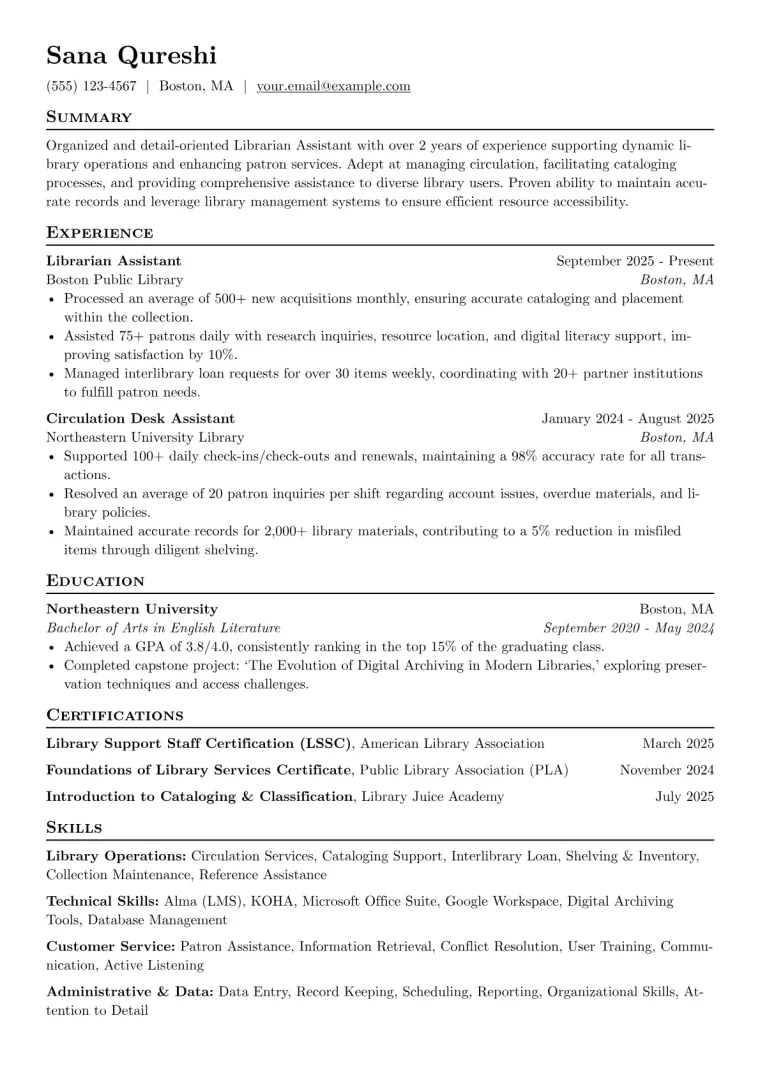 Librarian Assistant Resume Example CV template preview