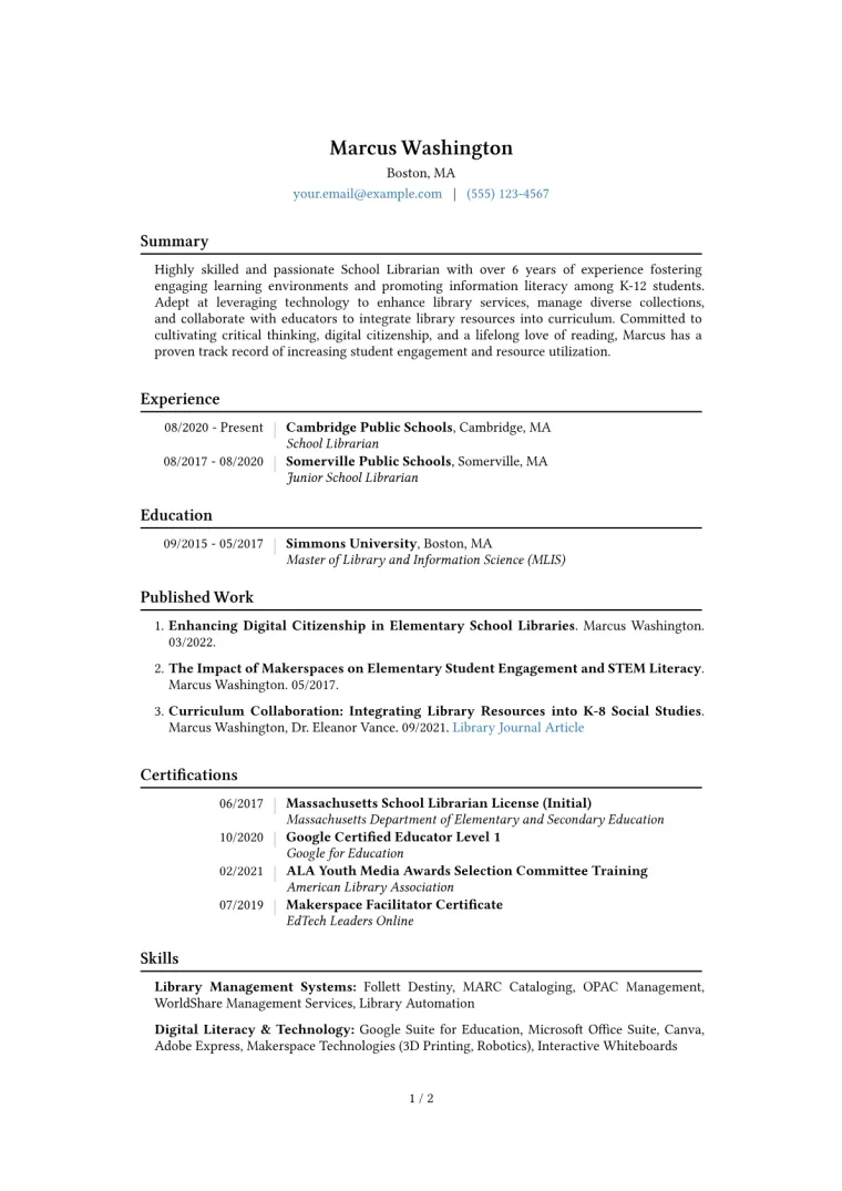 Librarian School Resume Example CV template preview