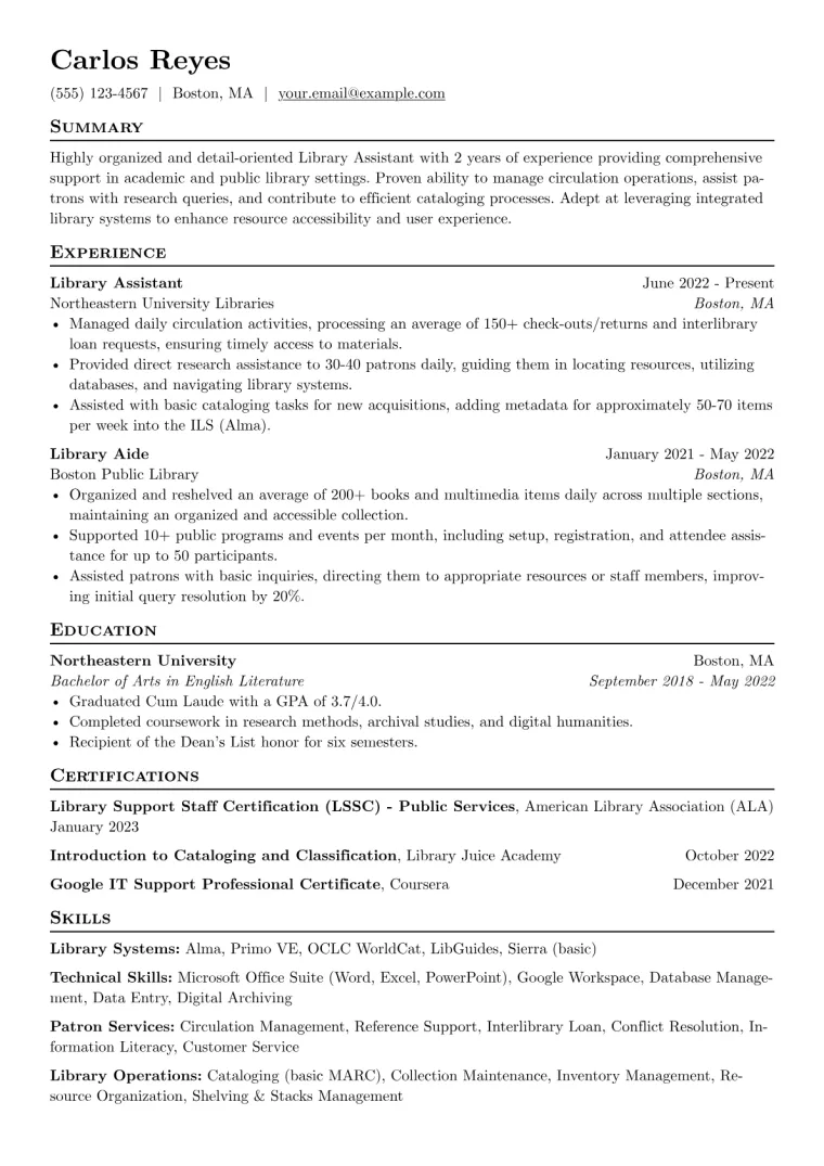 Library Assistant Resume Example CV template preview