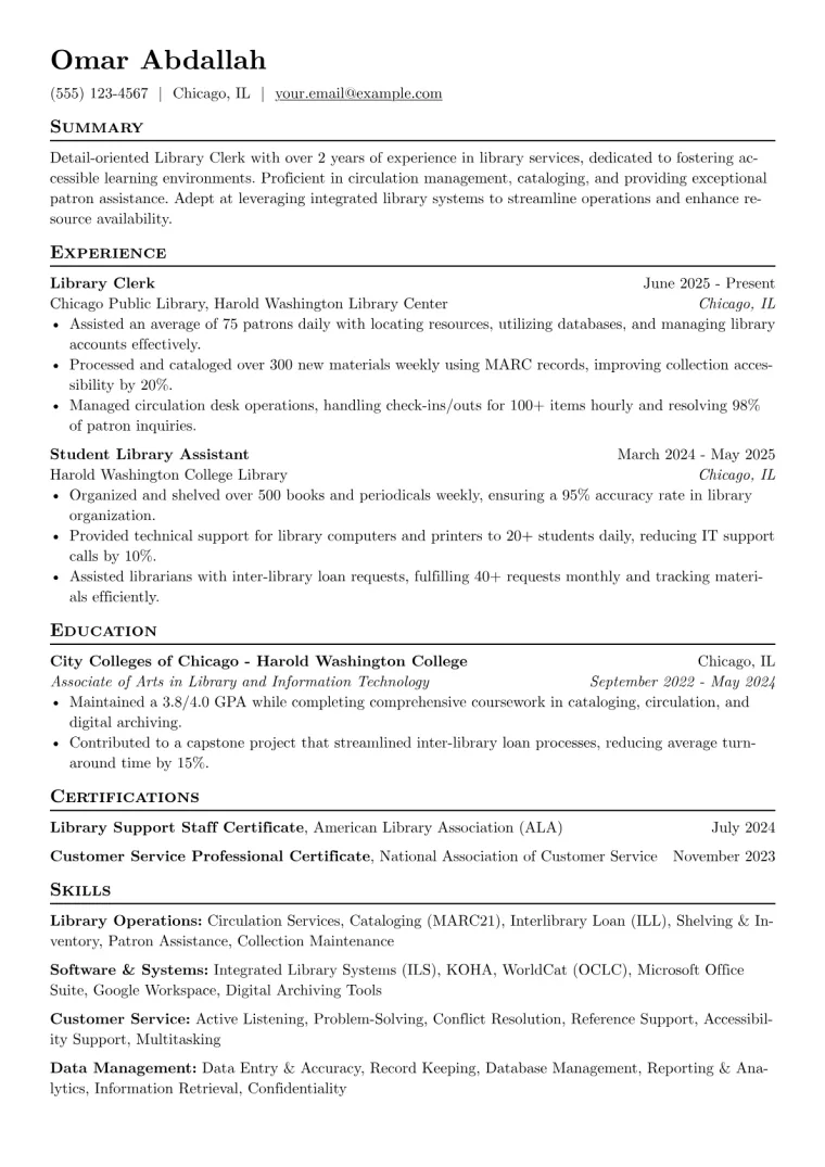 Library Clerk Resume Example CV template preview