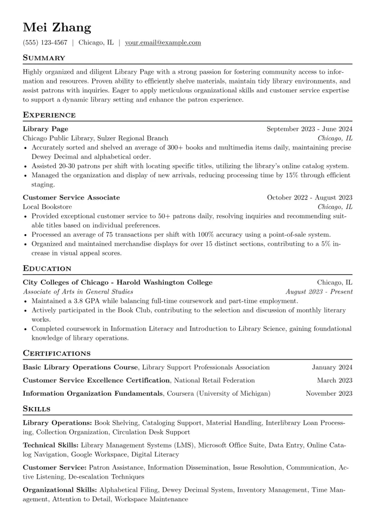 Library Page Resume Example CV template preview