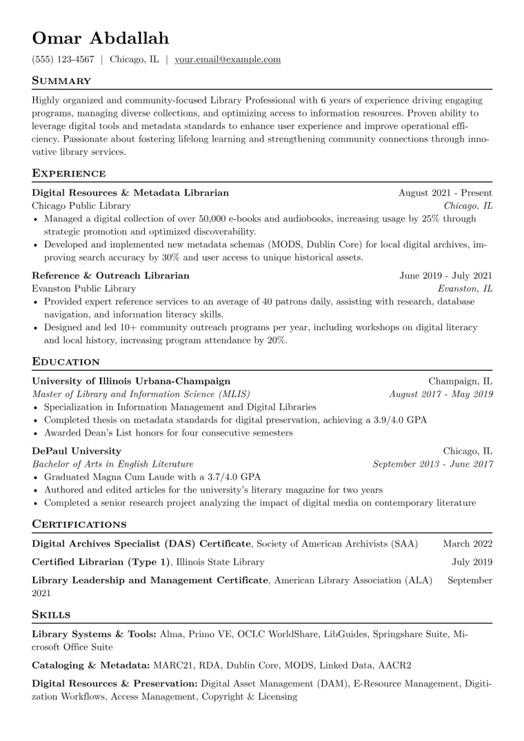 Library Resume Example CV template preview