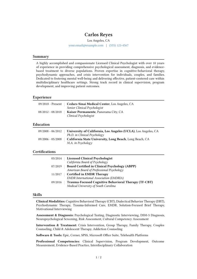 Licensed Clinical Psychologist Resume Example CV template preview