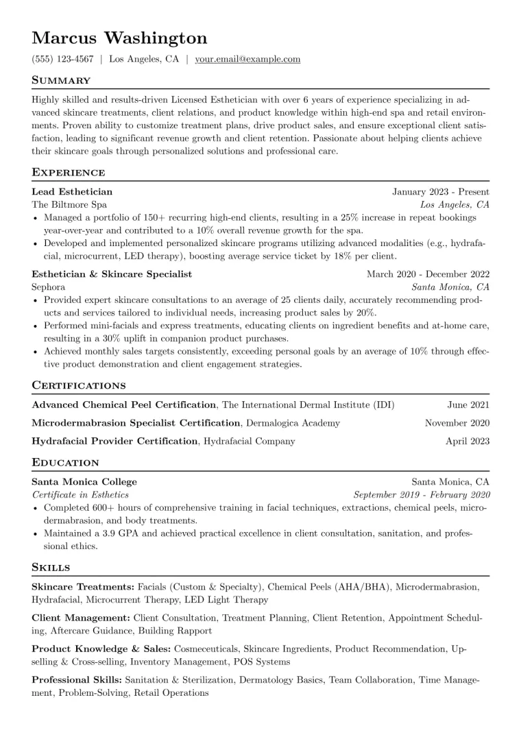 Licensed Esthetician Resume Example CV template preview
