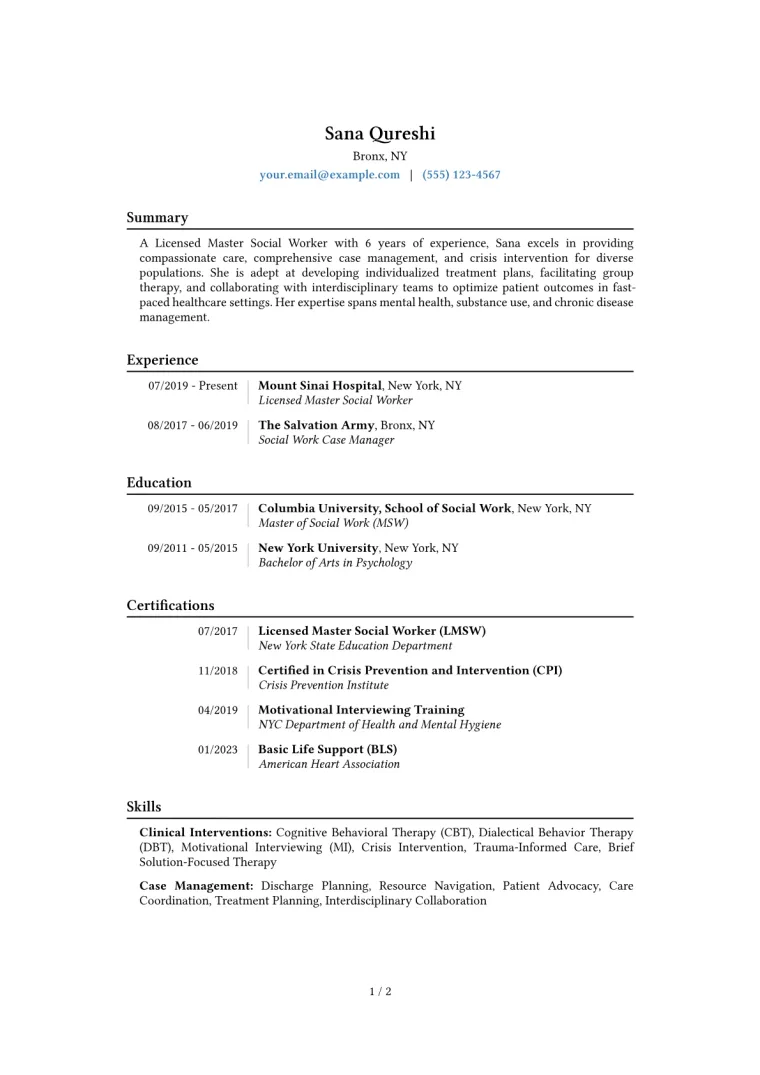 Licensed Master Social Worker Resume Example CV template preview