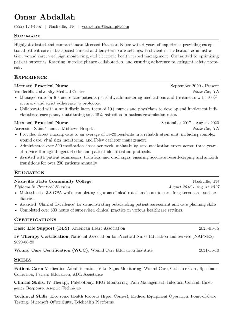 Licensed Practical Nurse Resume Example CV template preview
