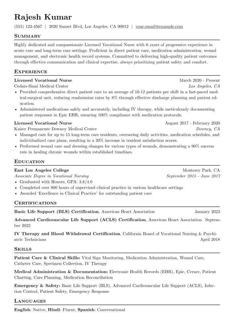 Licensed Vocational Nurse Resume Example CV template preview