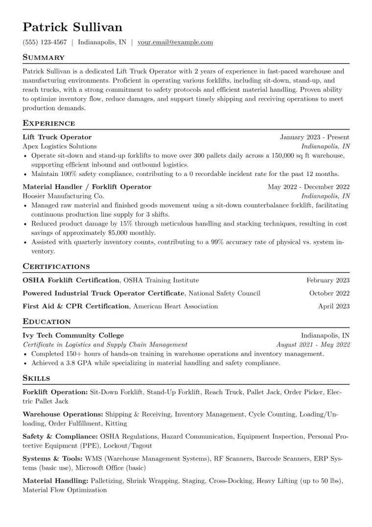 Lift Truck Operator Resume Example CV template preview