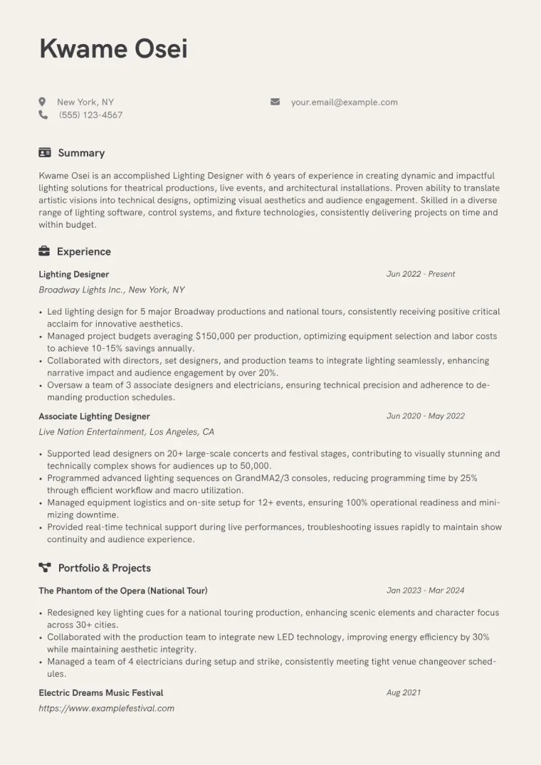 Lighting Designer Resume Example CV template preview