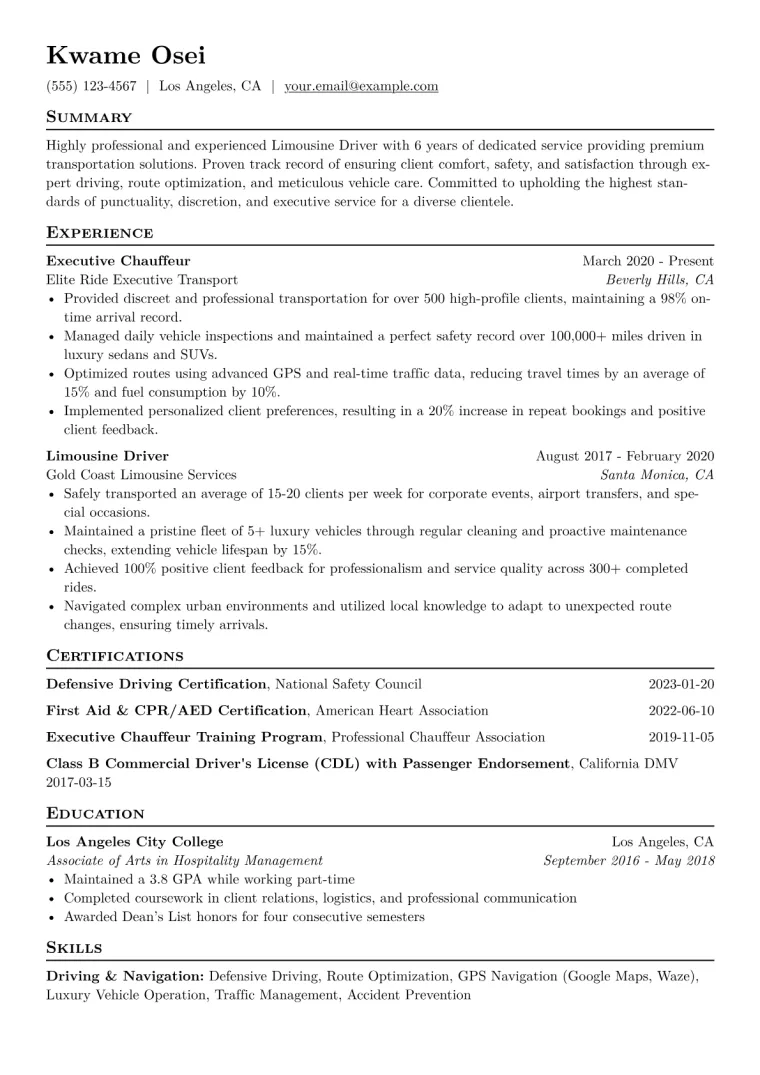 Limousine Driver Resume Example CV template preview