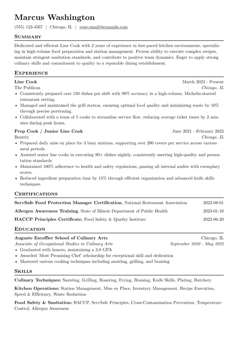 Line Cook Resume Example CV template preview