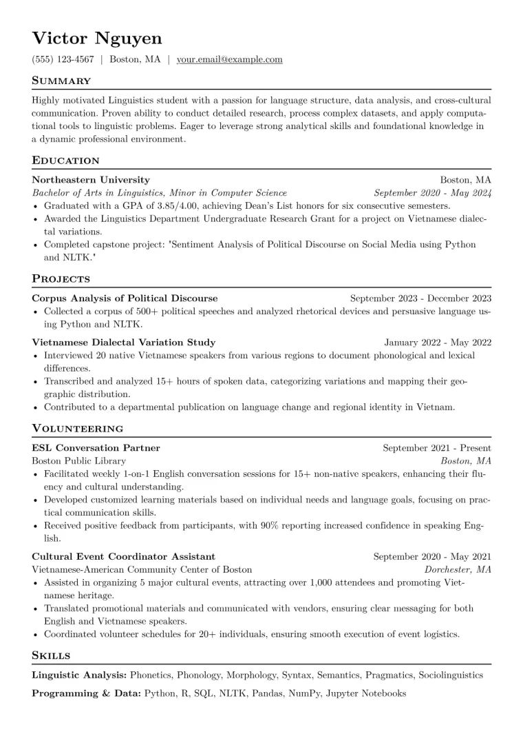 Linguistics Student Resume Example CV template preview