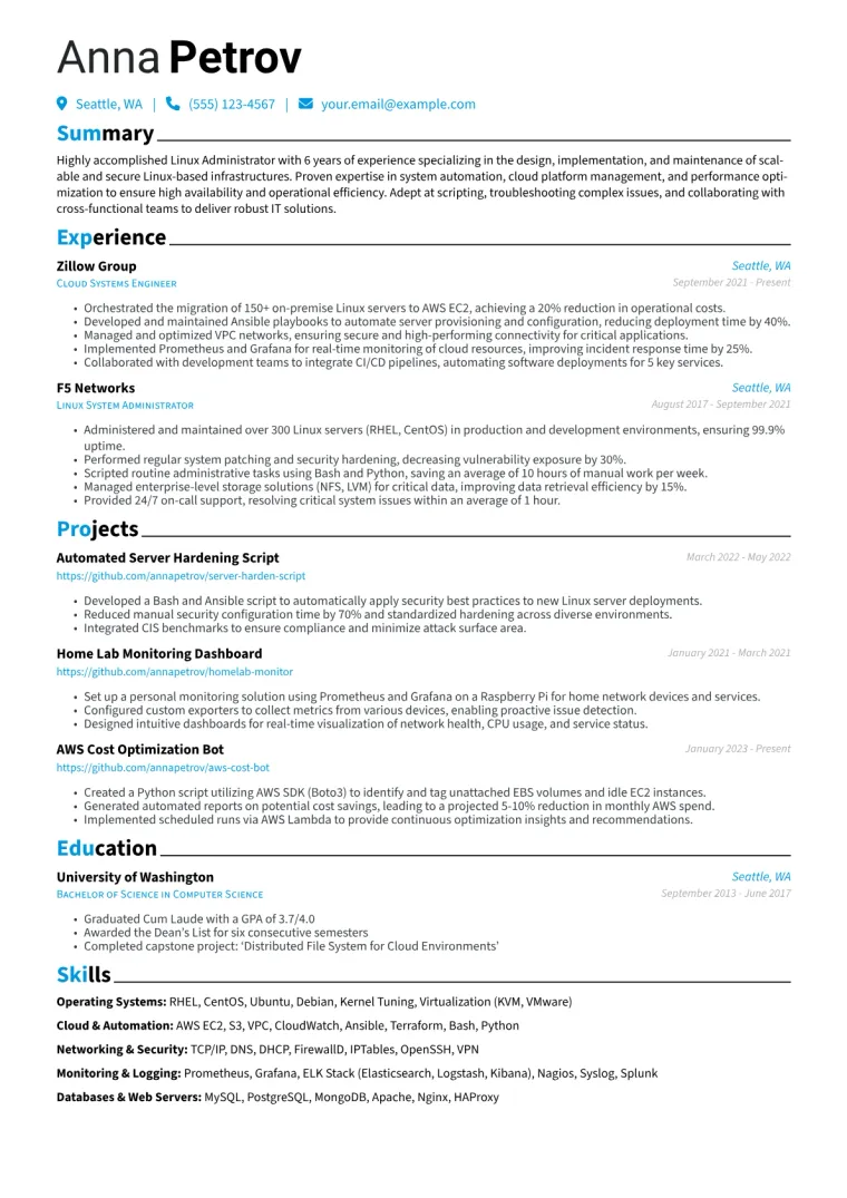 Linux Administrator Resume Example CV template preview