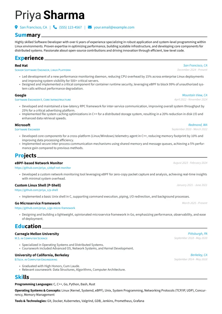 Linux Developer Resume Example CV template preview