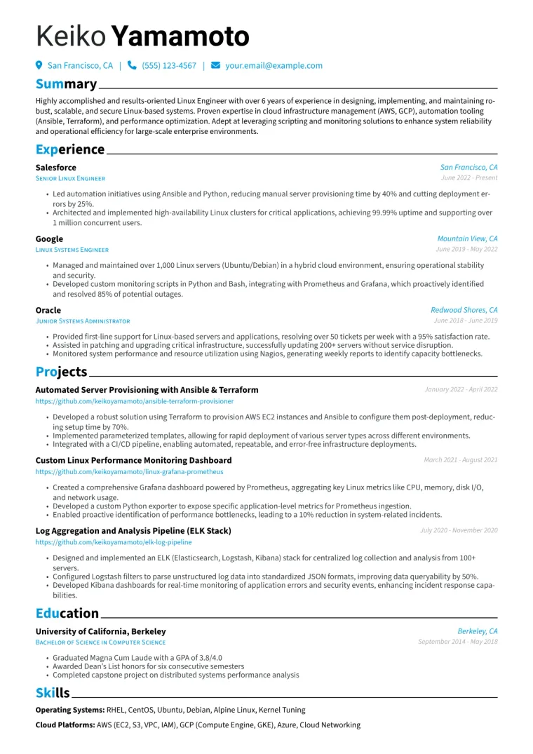 Linux Engineer Resume Example CV template preview