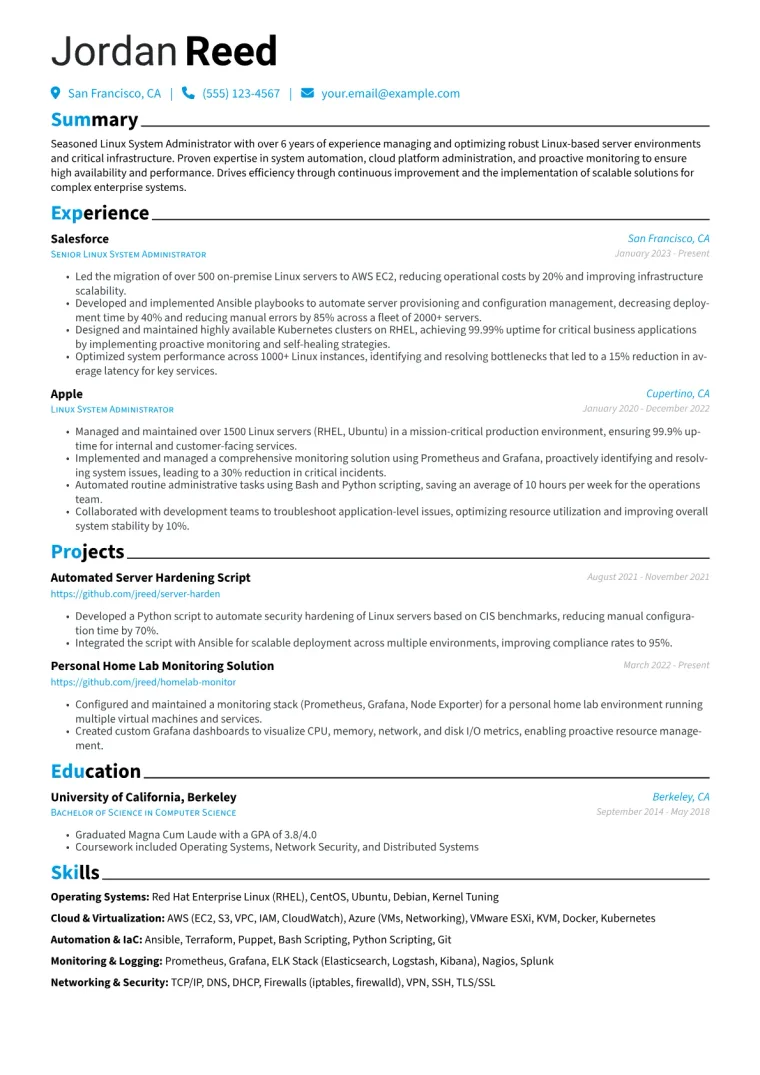 Linux System Administrator Resume Example CV template preview