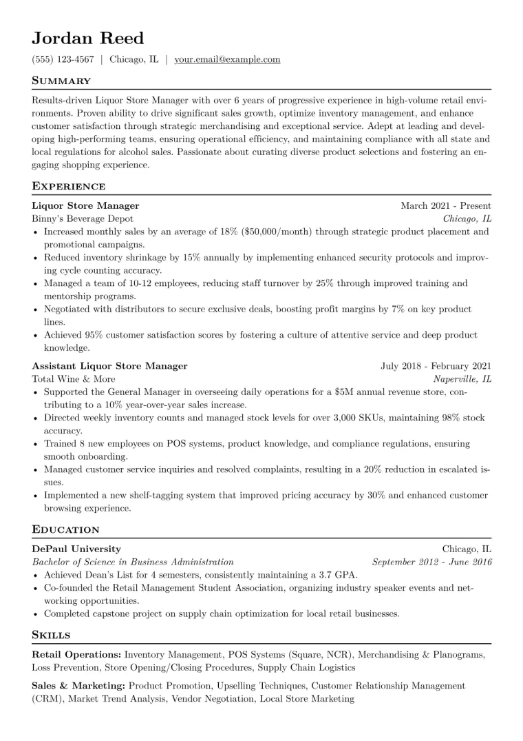 Liquor Store Manager Resume Example CV template preview