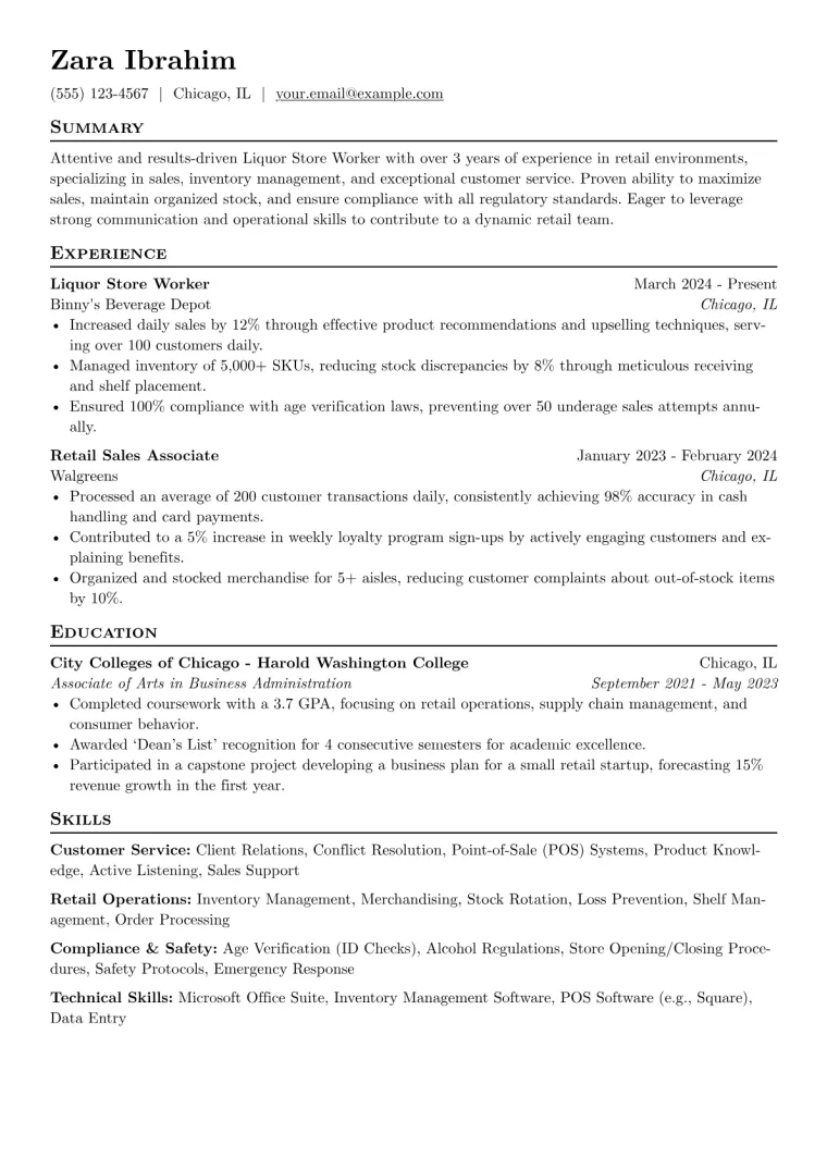 Liquor Store Worker Resume Example CV template preview