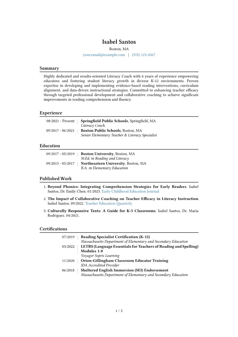 Literacy Coach Resume Example CV template preview