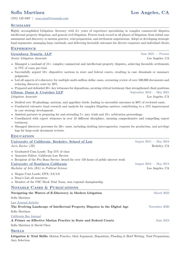Litigation Attorney Resume Example CV template preview