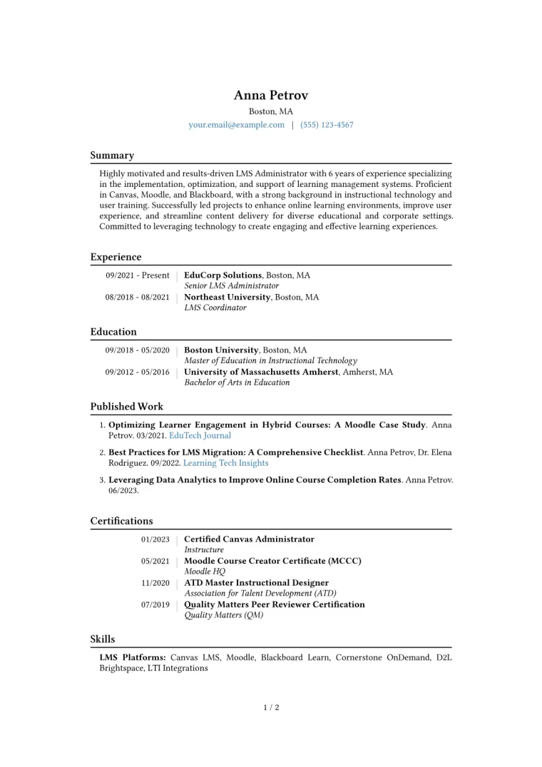 LMS Administrator Resume Example CV template preview