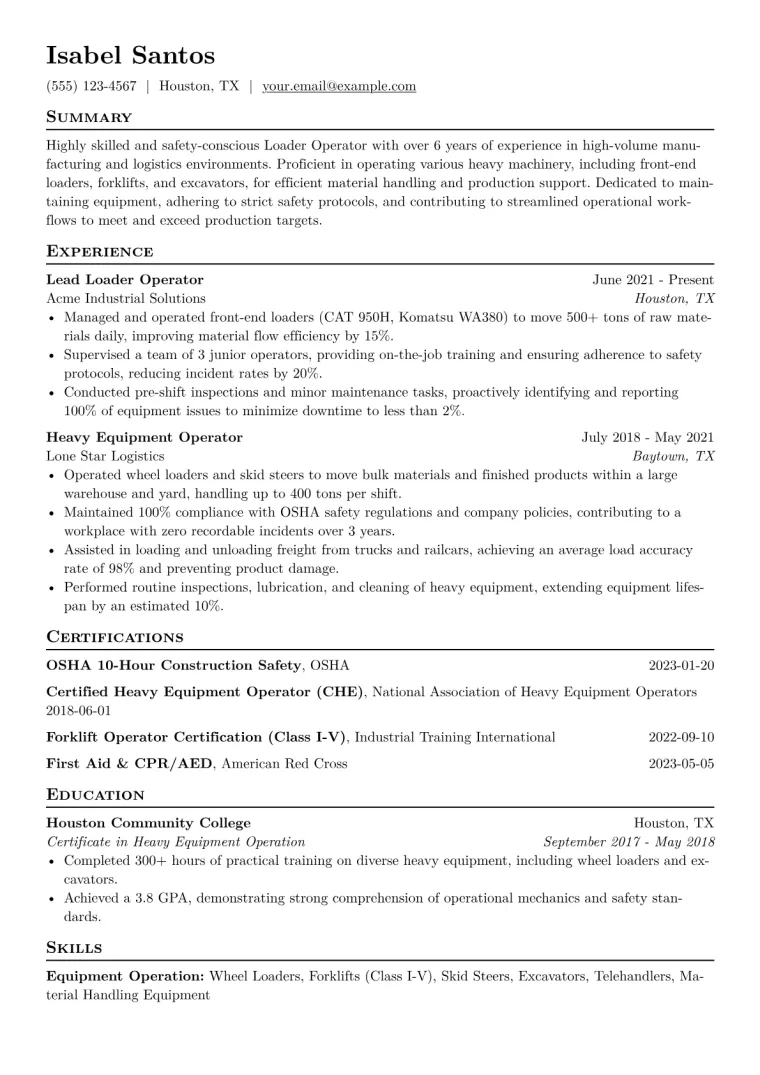 Loader Operator Resume Example CV template preview