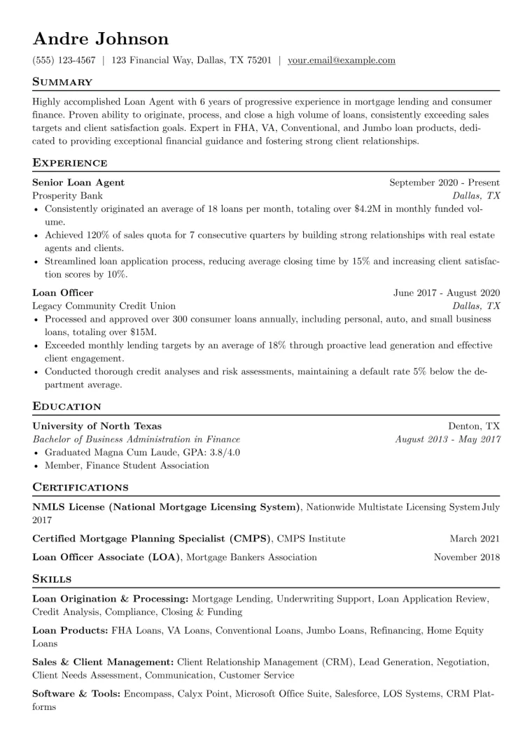 Loan Agent Resume Example CV template preview