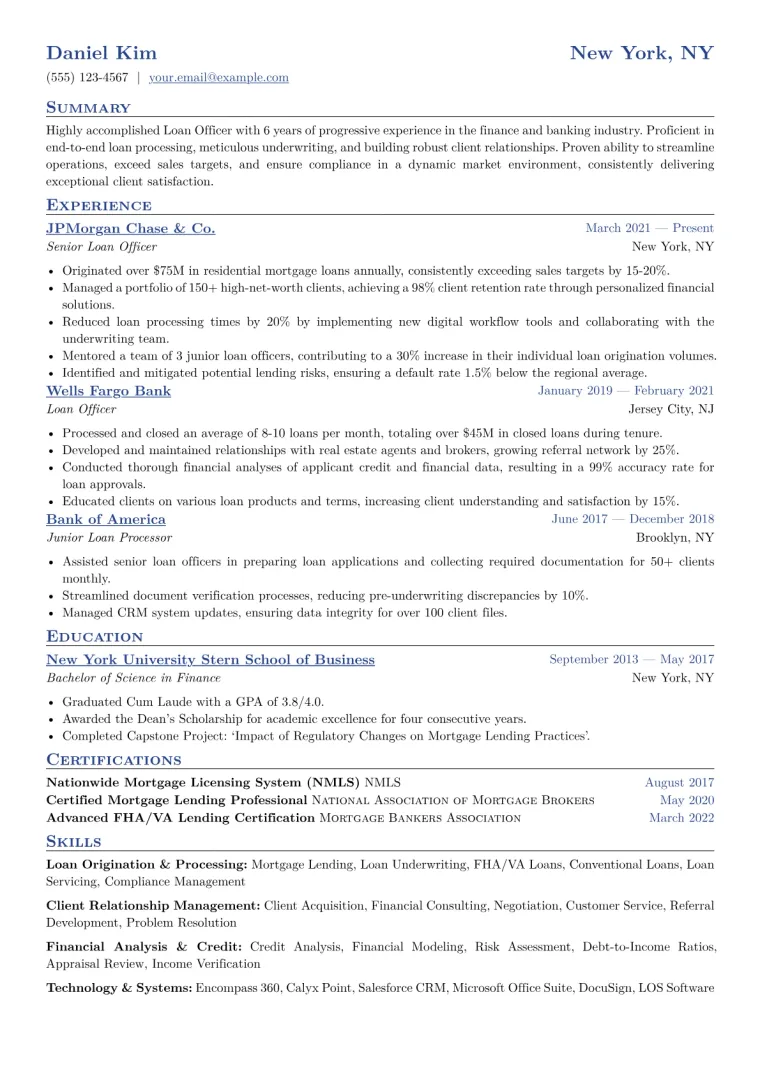 Loan Officer Resume Example CV template preview