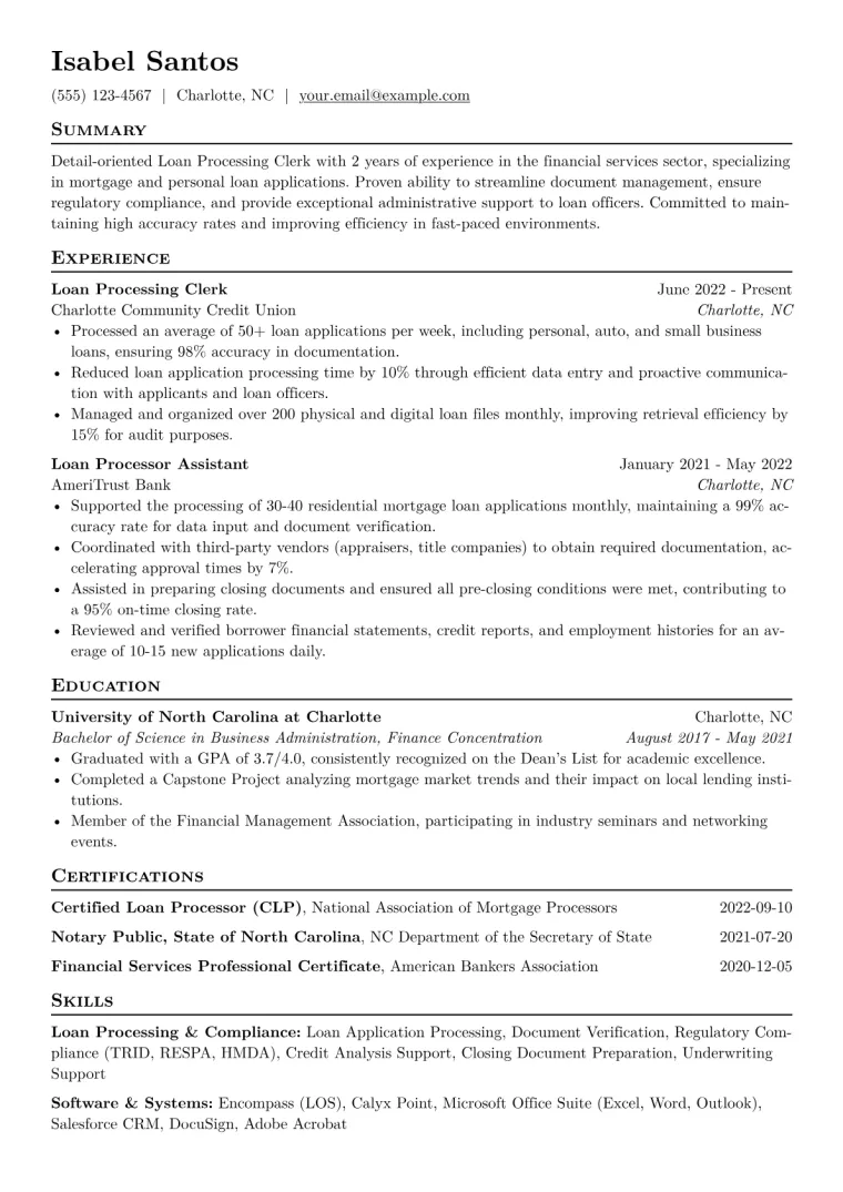 Loan Processing Clerk Resume Example CV template preview