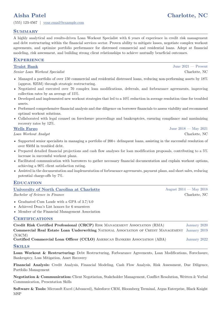 Loan Workout Specialist Resume Example CV template preview