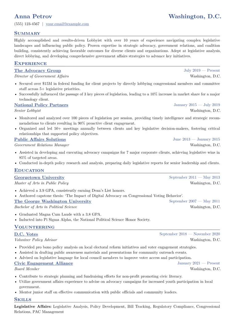 Lobbyist Resume Example CV template preview