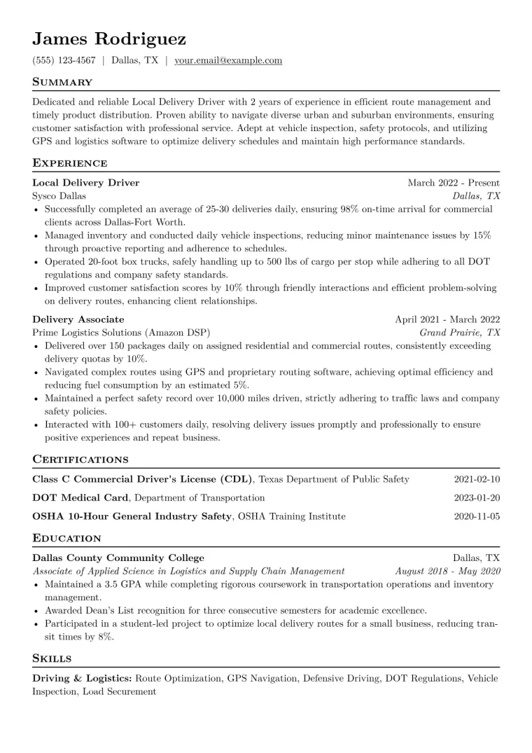 Local Delivery Driver Resume Example CV template preview