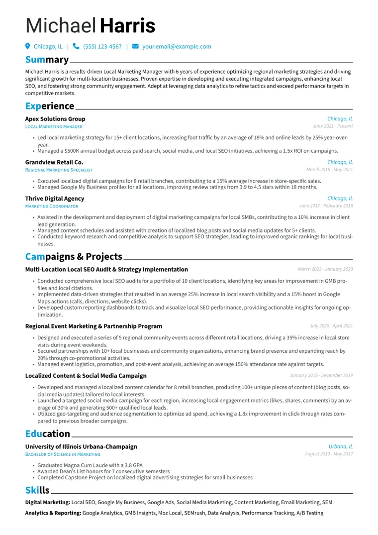 Local Marketing Manager Resume Example CV template preview