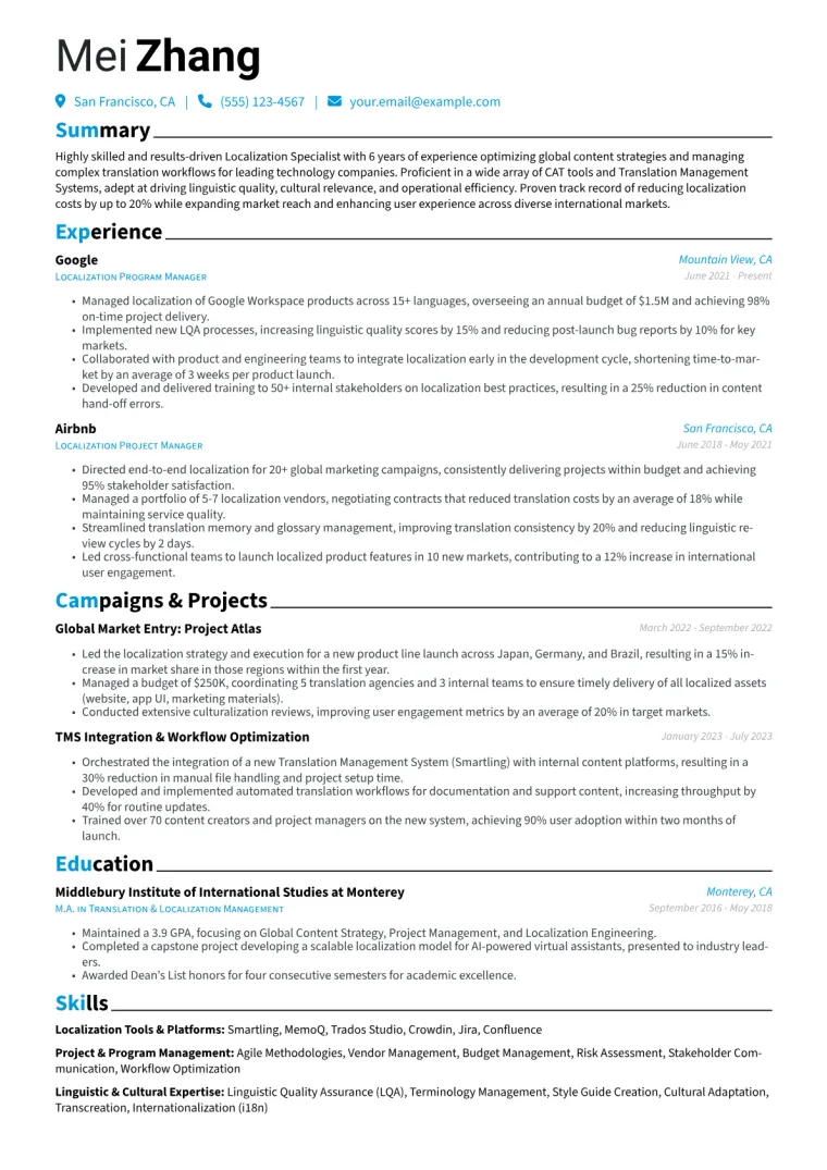 Localization Specialist Resume Example CV template preview