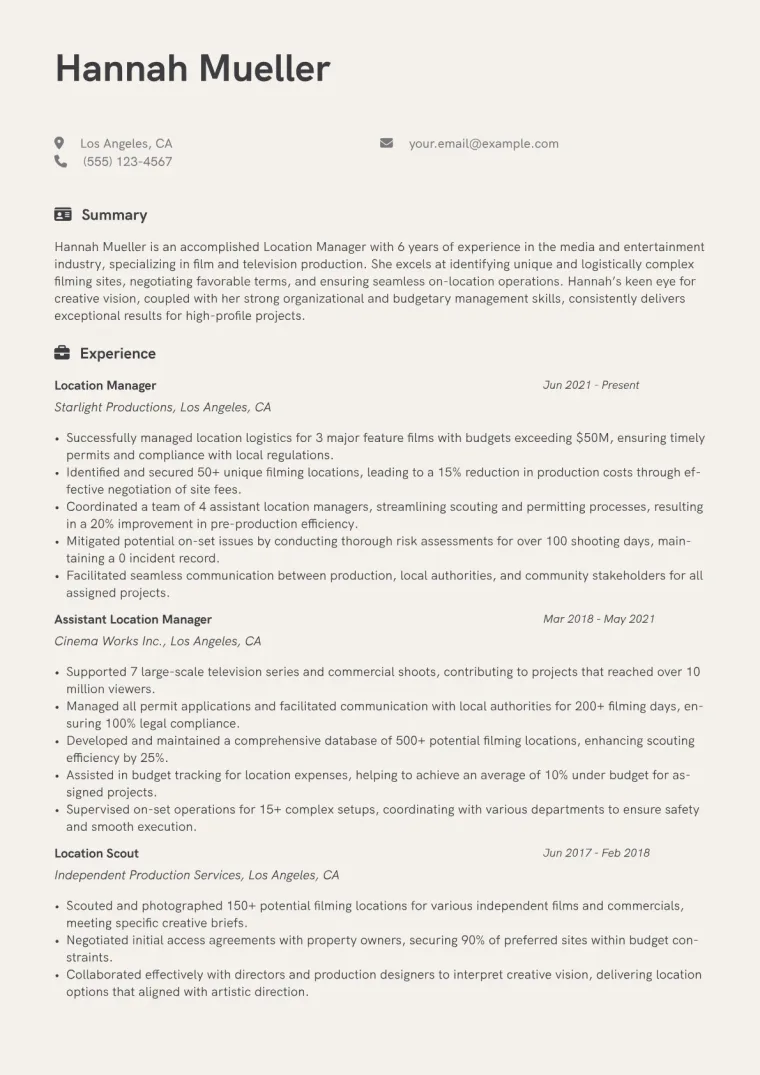 Location Manager Resume Example CV template preview