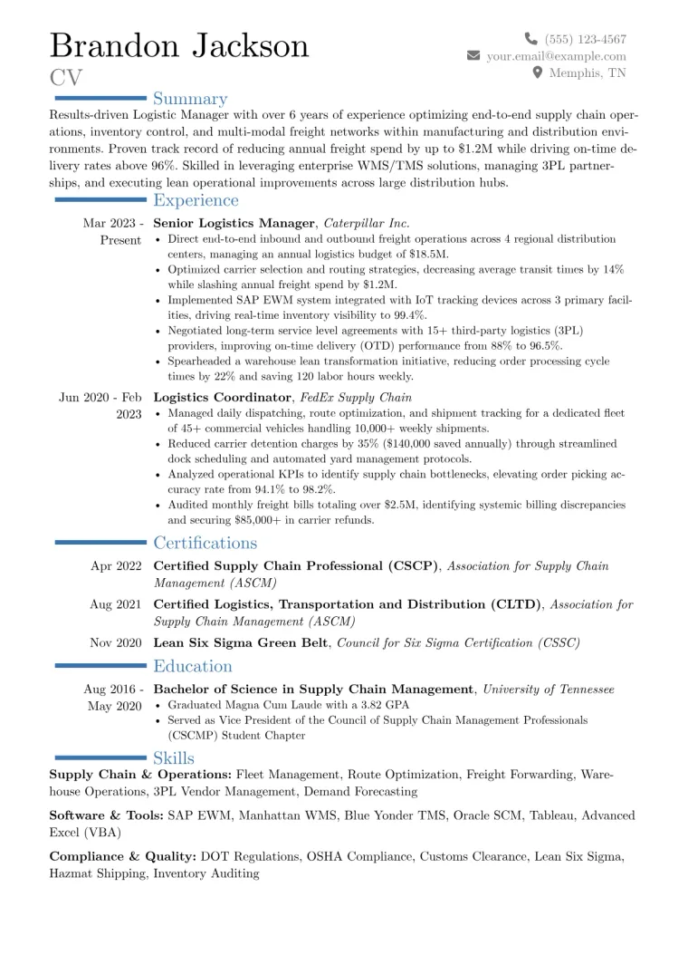 Logistic Manager Resume Example preview