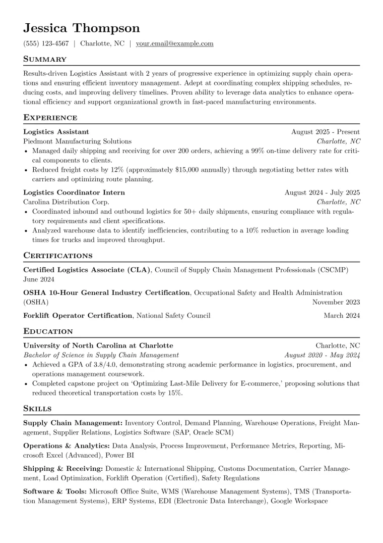 Logistics Assistant Resume Example preview