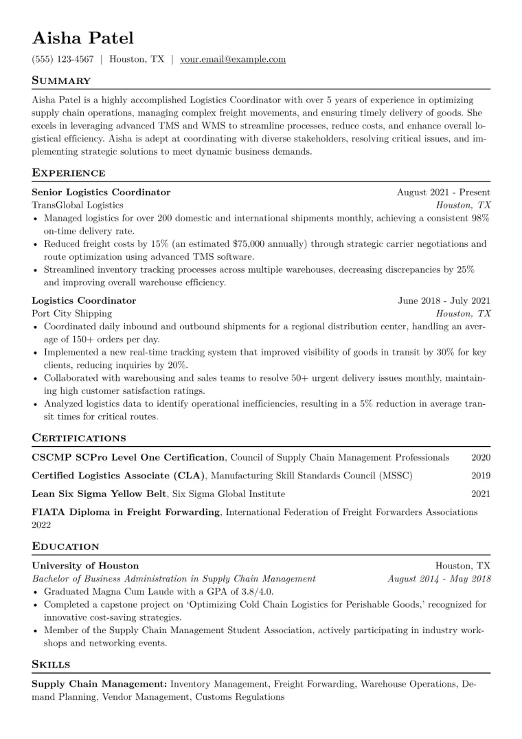 Logistics Coordinator Resume Example CV template preview