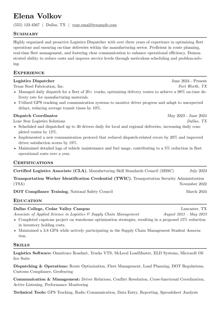 Logistics Dispatcher Resume Example CV template preview