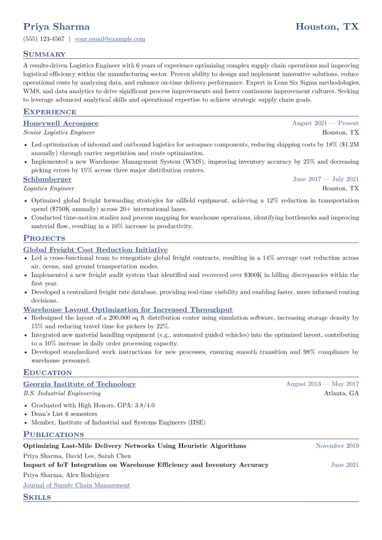 Logistics Engineer Resume Example CV template preview