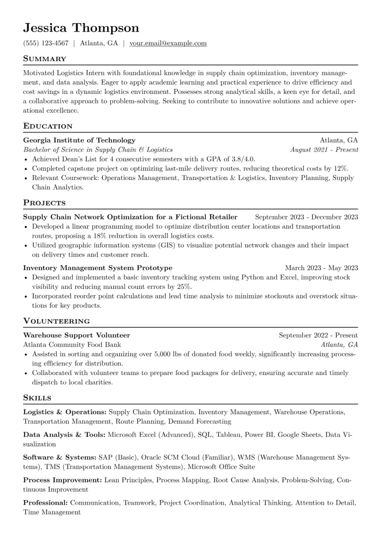 Logistics Intern Resume Example CV template preview