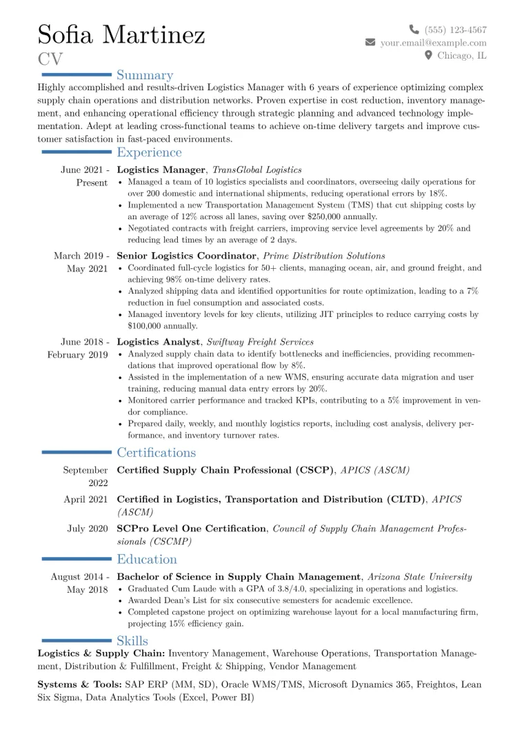 Logistics Manager Resume Example CV template preview