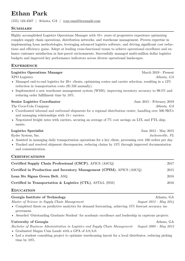 Logistics Operations Manager Resume Example CV template preview