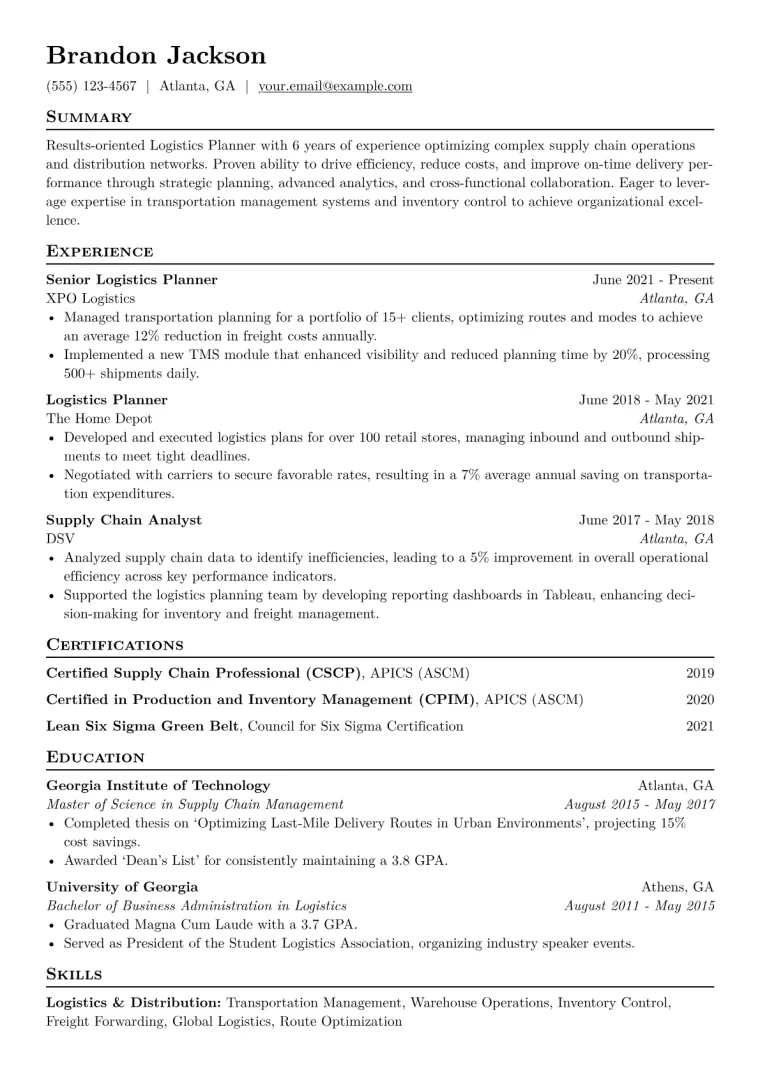 Logistics Planner Resume Example CV template preview