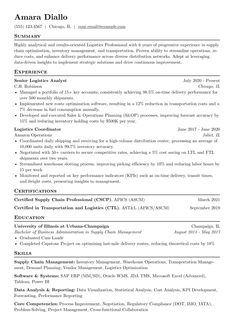 Logistics Resume Example CV template preview